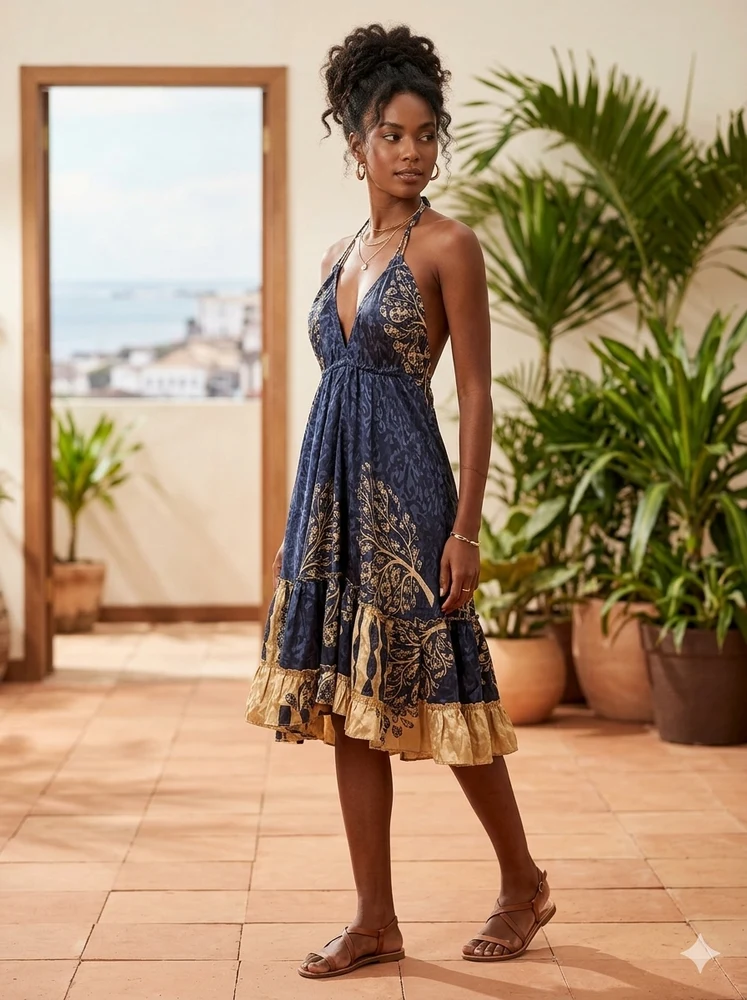Vestido Longo Estampado Marinho e Dourado